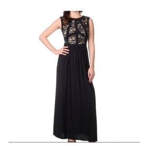 R & M Collection Black and Tan Evening Gown Lace Bodice Low Back